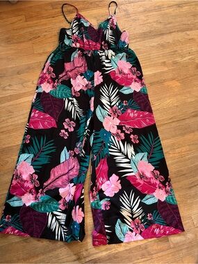 SHEIN Black Floral Wide-Leg Tropical Jumpsuit with Pink & Teal Accents